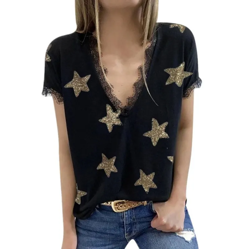 

Women Summer Deep V-neck T-shirt Fashion Print Stars Lace Casual Loose T-shirt Top for Ladies