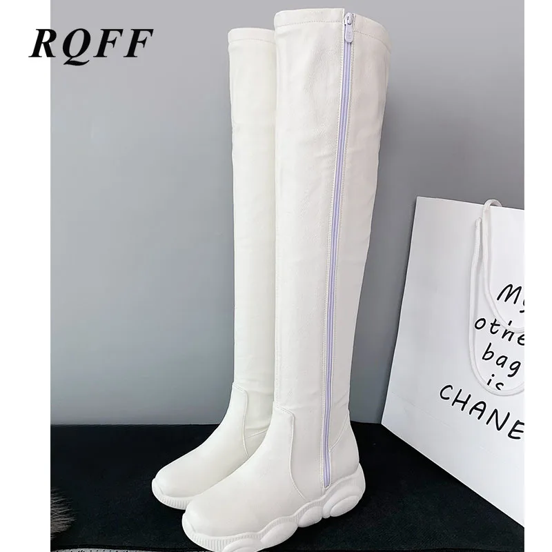 Женские сапоги выше колена на молнии черные или белые однотонные из