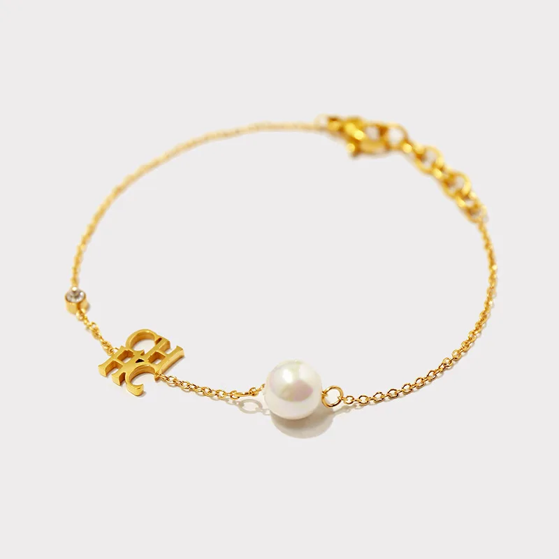 

OL Style Fashion Stainless Steel Name Letters Pearl Charm Chain Bangle Bracelets for Women Gold Jewelry
