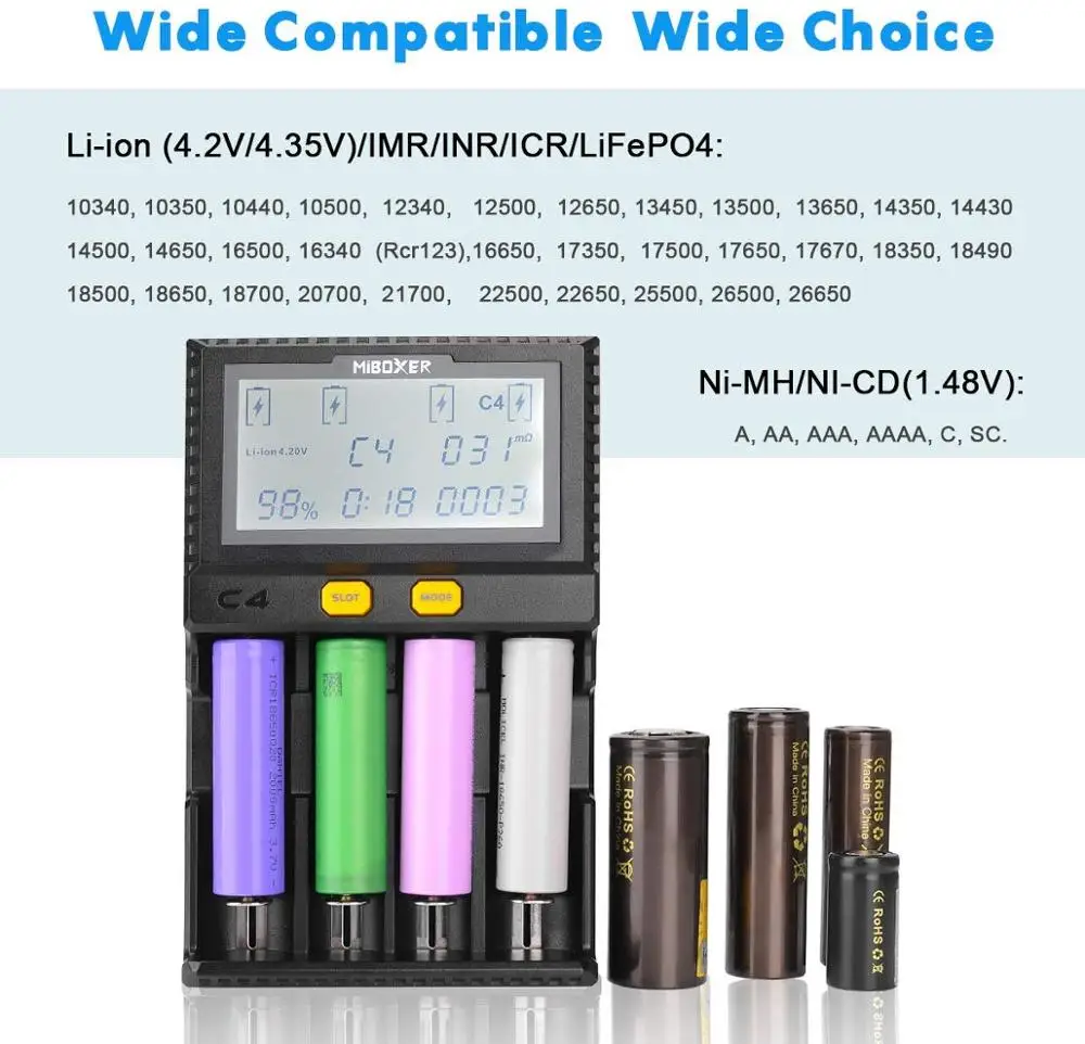Miboxer C4 LCD Smart Battery Charger With Car charger for Li-ion/IMR/INR/ICR/LiFePO4 18650 14500 26650 100-800mah discharger | Электроника