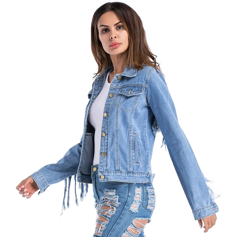 Винтажная стильная Свободная джинсовая куртка с бахромой Женская длинным