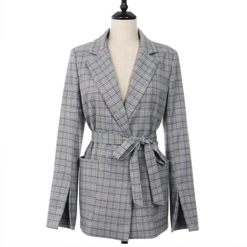 Женский блейзер с поясом-бантом Офисная куртка серого цвета в клетку Элегантная