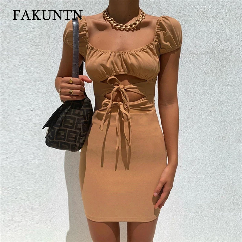 

FAKUNTN Short Sleeve Dress Mini Hollow Out Sexy Short Summer Dress 2021 Robe Fashion Elegant Vintage Sexy Mini Dresses Vestidos
