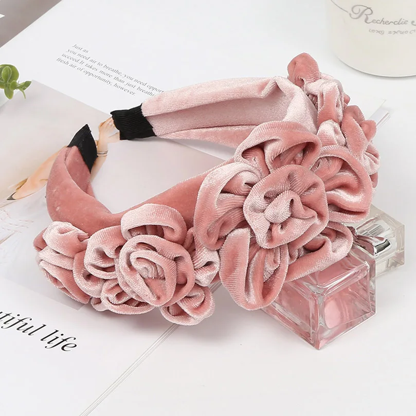 D AWAYTR New Solid Color Peony Flower Velvet Hairband for Women Winter Headdress Ladies Ball Party Retro Fashion Accessories - Цвет: D