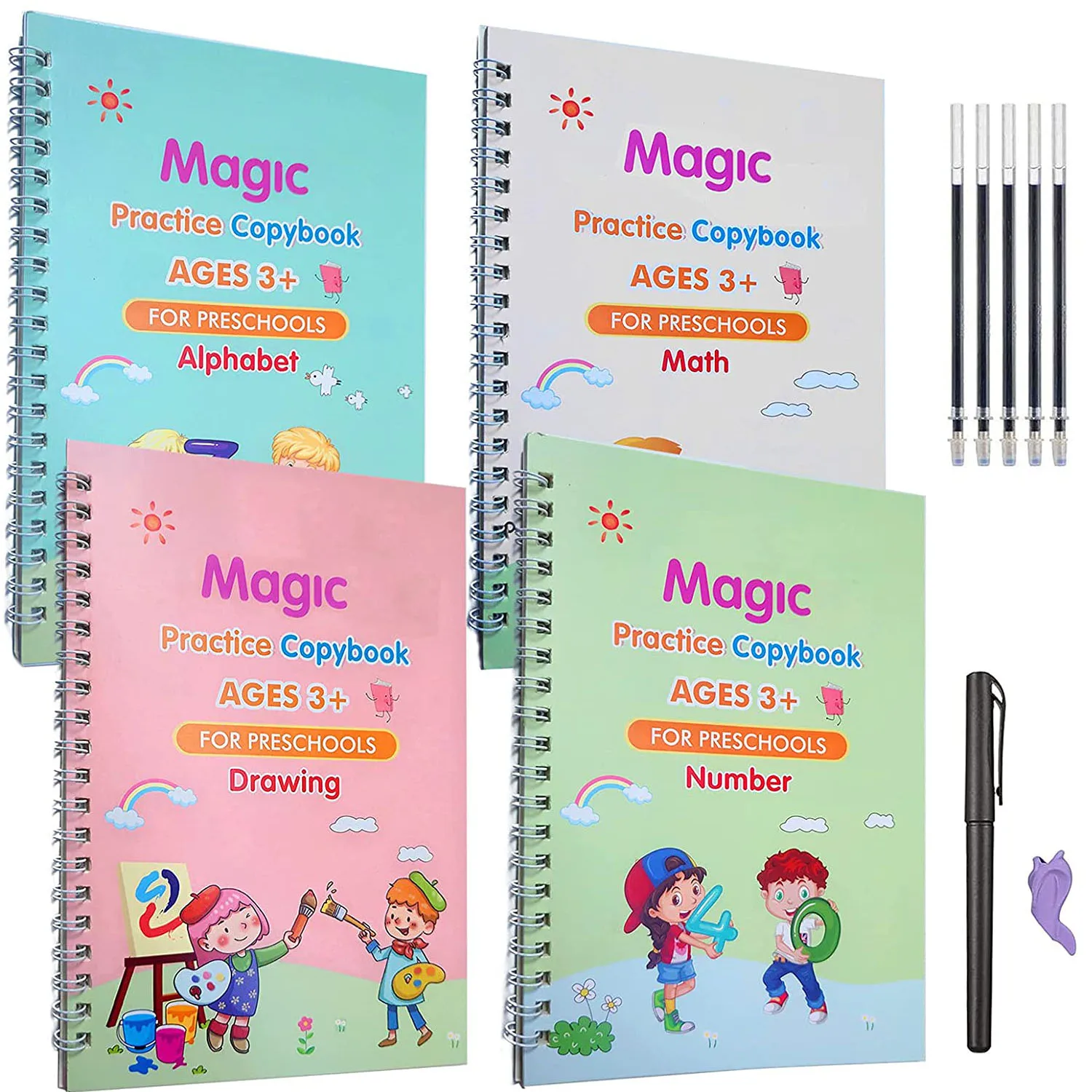 

Magic Exercise Book 4 Books/Set Reusable Children’s Toys Write English Numbers And Letters Montessori 3D Calligraphy Learn Gift