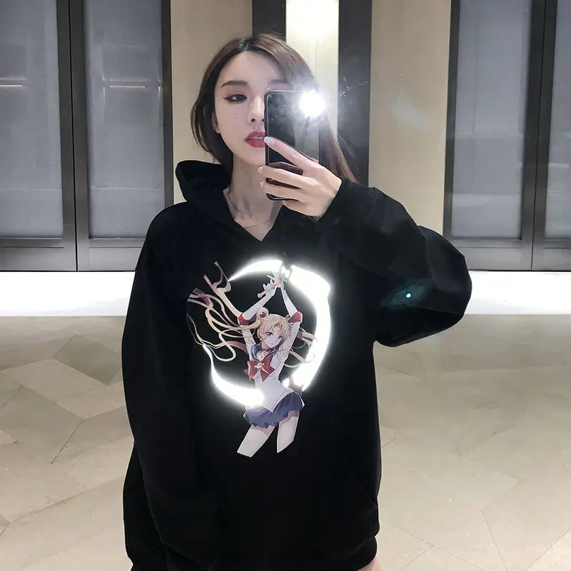 

Harajuku Sailor Moon Cartoon Print Hoodie Women Loose Casual Reflective Material Long Sleeve Pullover Tops Streetwear Sweatshirt