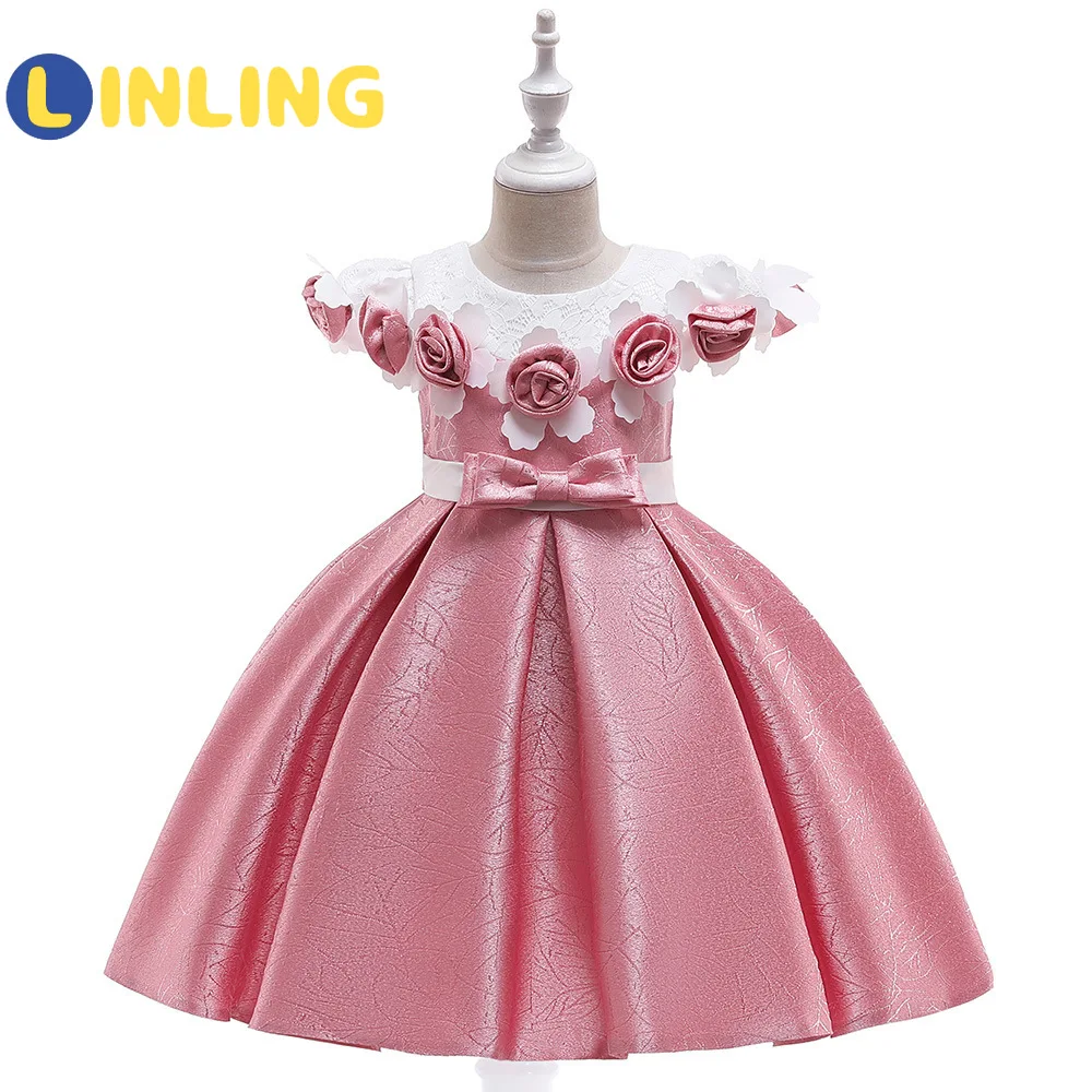

LINLING Girls Rose Dress for Wedding Evening Children Princess Party Pageant Long Kids Dresses for Girls Formal Clothes P602