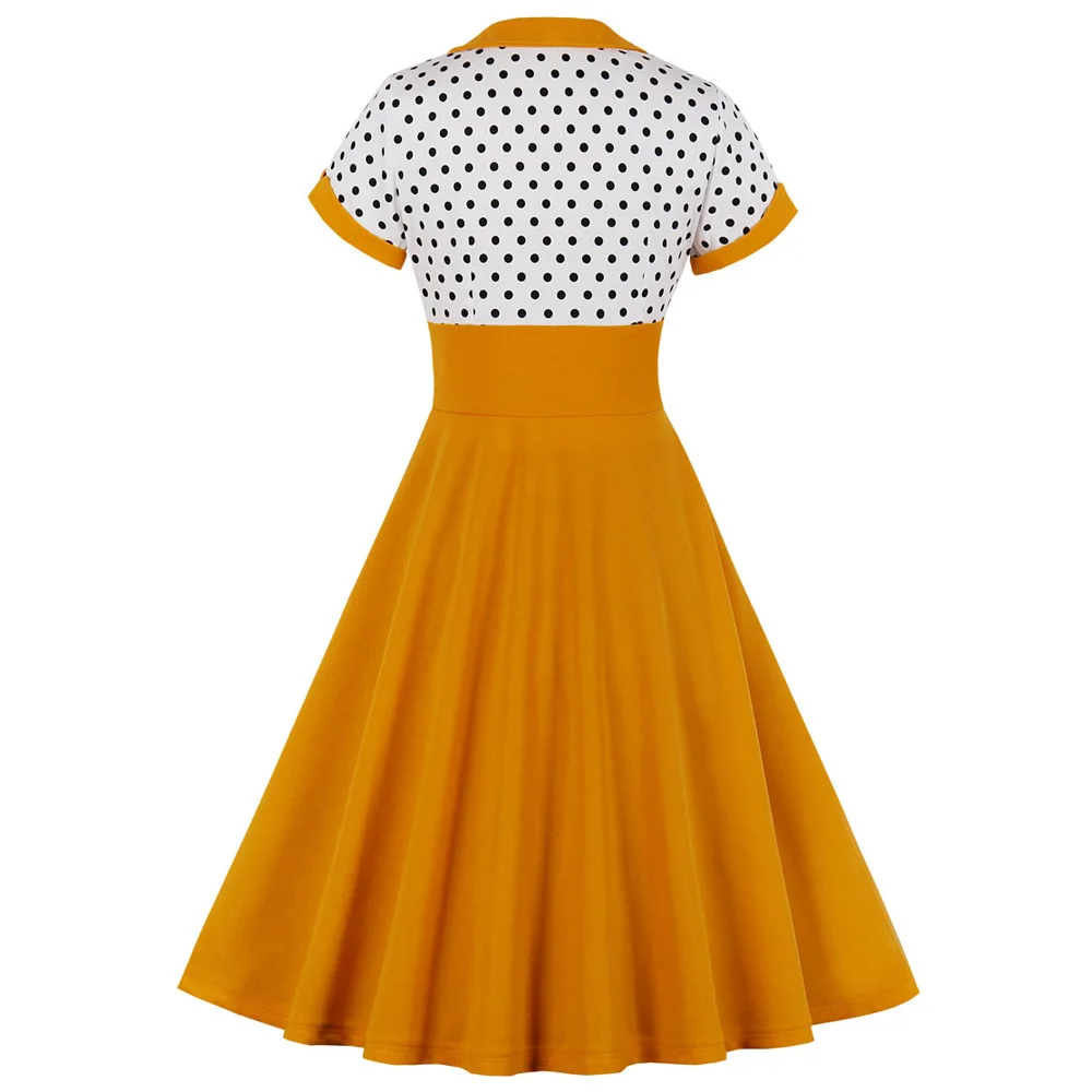Женское винтажное летнее платье высокая талия короткий рукав узор в горошек