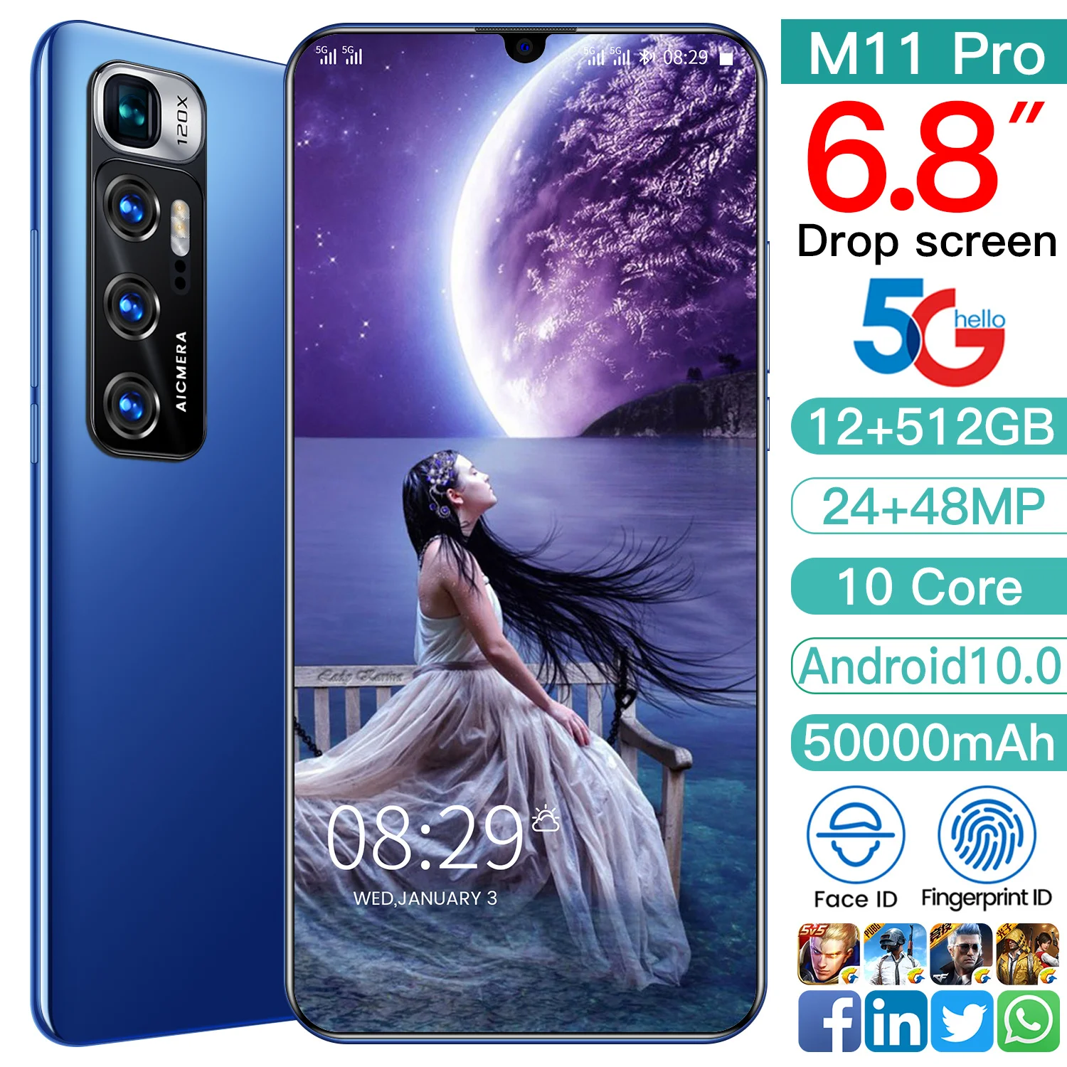 

Hot Sale M11 Pro Global Version 6.8 Inch Android 10 Smartphone 5000mAh 10 Core Face ID 12GB 512GB 24MP 48MP Camera Mobile Phone