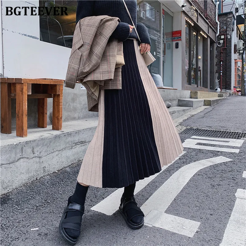 

BGTEEVER Chic Stylish Patchwork Women Knitted Long Skirts Autumn Winter Elastic High Waist Loose Female Pleated Sweater Skirts