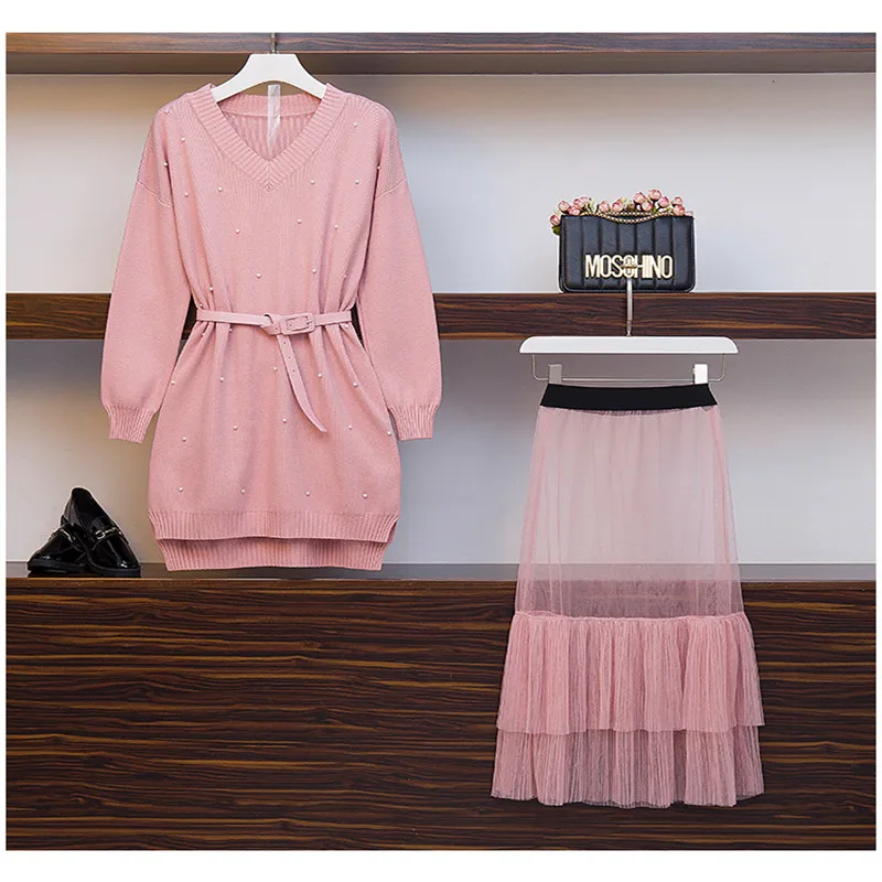 Большие размеры новинка 2019 осенне-зимний вязаный комплект из 2 предметов женские