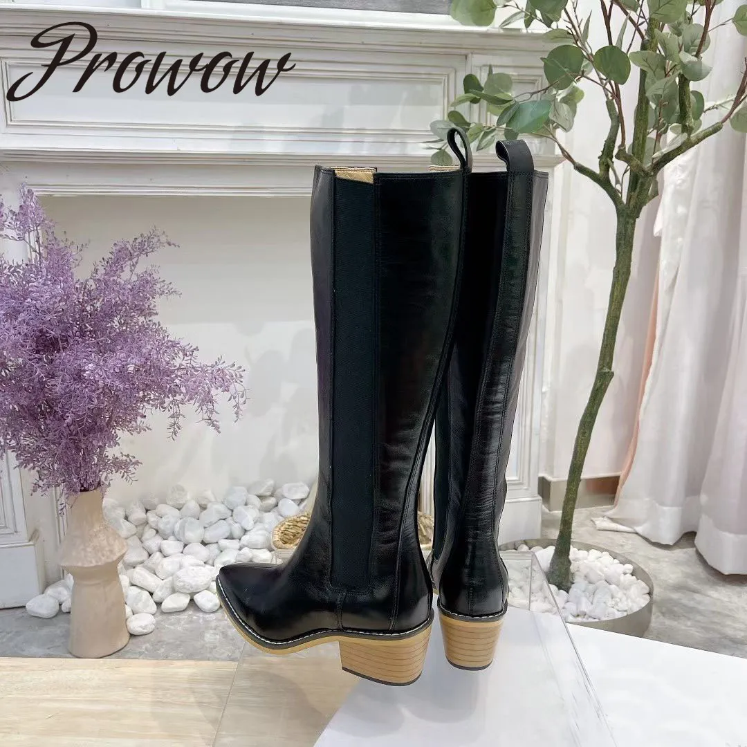 

Женские ковбойские сапоги до колена на каблуке, из натуральной кожи