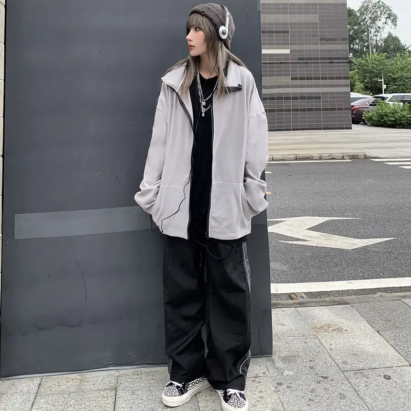 

2021 new spring and autumn loose solid color stand-up collar short fleece stand-up collar zipper all-match cardigan jacket women