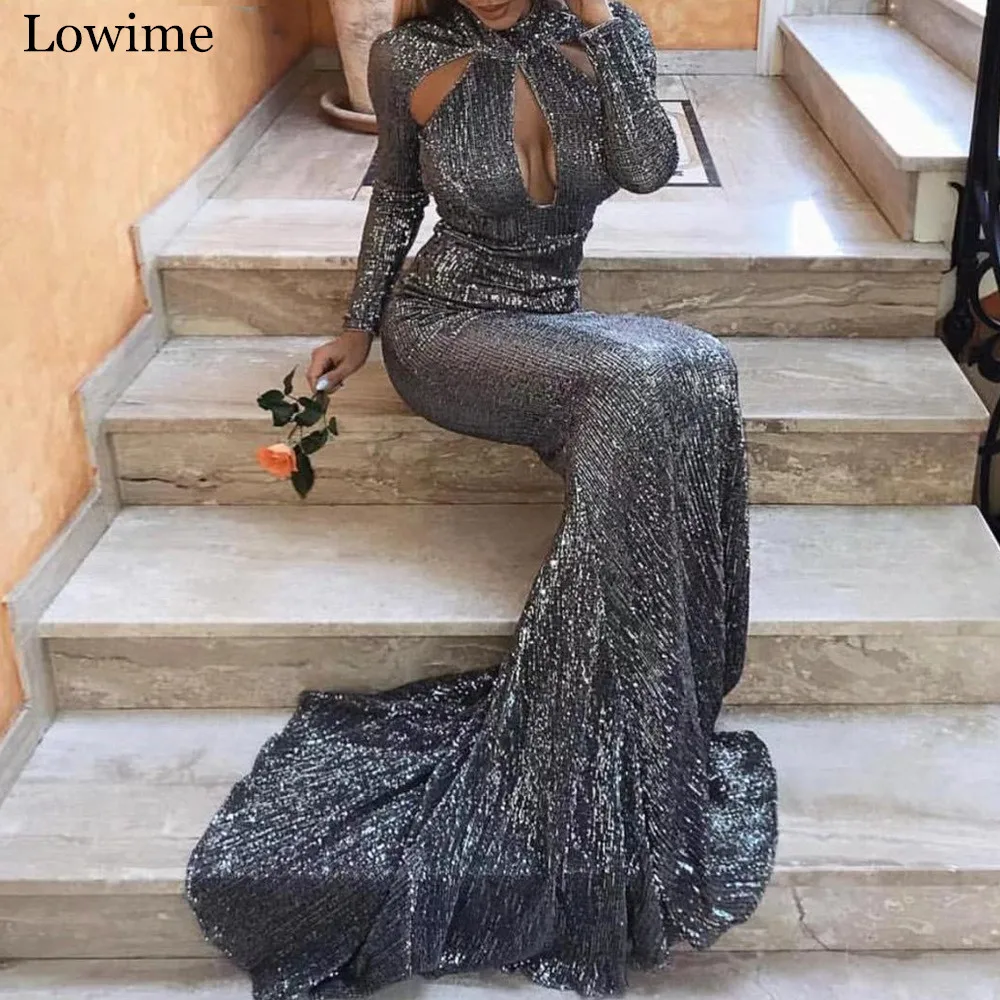 Новинка 2020 серое платье с блестками для выпускного вечера длинное вечернее