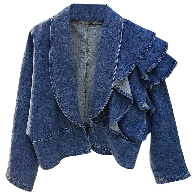 

2021 New Women Autumn Denim Jacket Korean V Neck Blue Jeans Jackets Coat Outerwear Solid Batwing Sleeve Ruffles Crop Streetwear