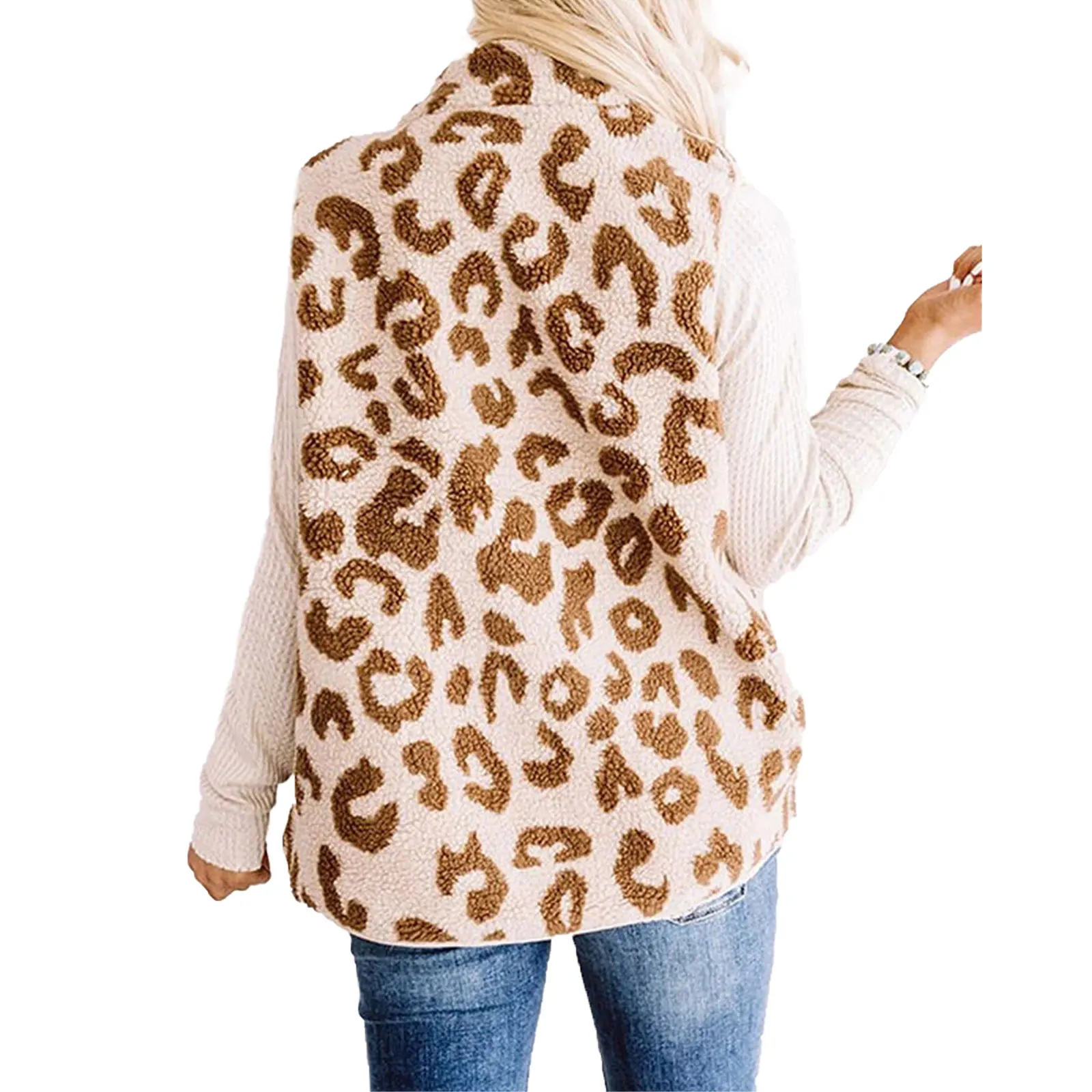 

Hot Sale Women Fuzzy Sherpa Fleece Vest Lightweight Leopard Print Sleeveless Zip Up Jacket with Pocket