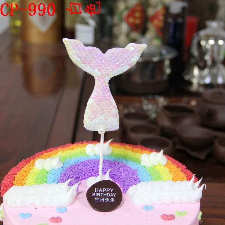 Ynaayu Mermaid Birthday Cake Topper Creative Shine Sequins Tail Insert Decoration Cupcake Flag For Party Supply | Дом и сад