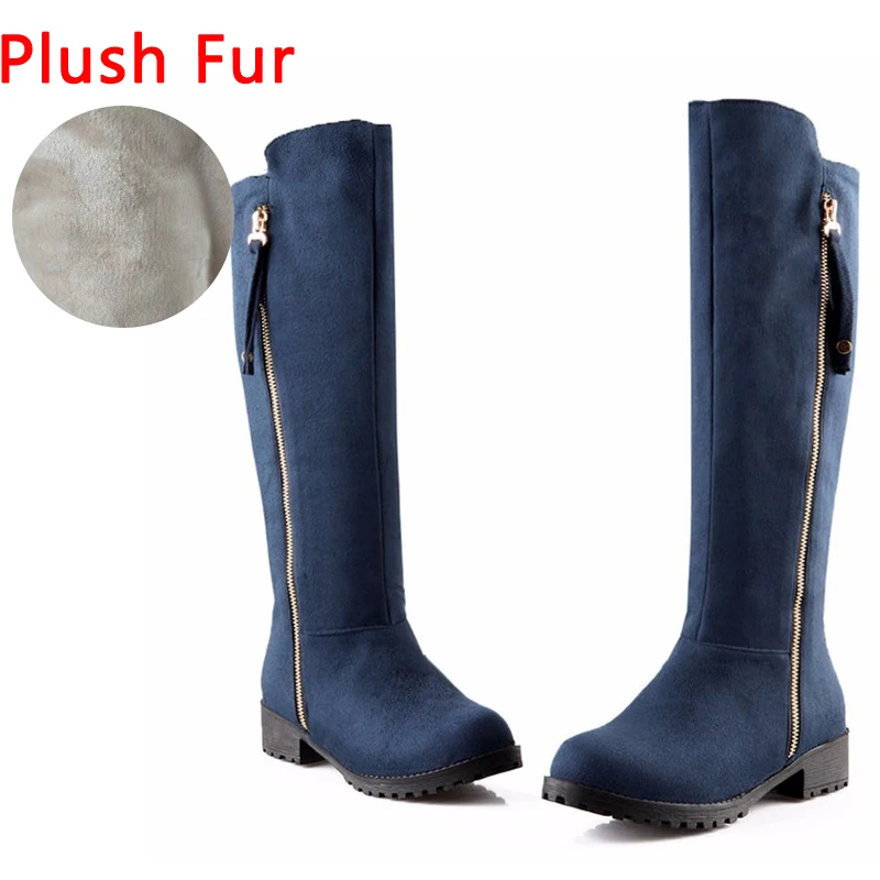 blue plush Haoshen/Обувь для девочек женские сапоги с плоским коленом, на молнии, зима-осень, высокие сапоги для верховой езды модная теплая обувь с Плюшевым Мехом Размер 10,5 - Цвет: blue plush