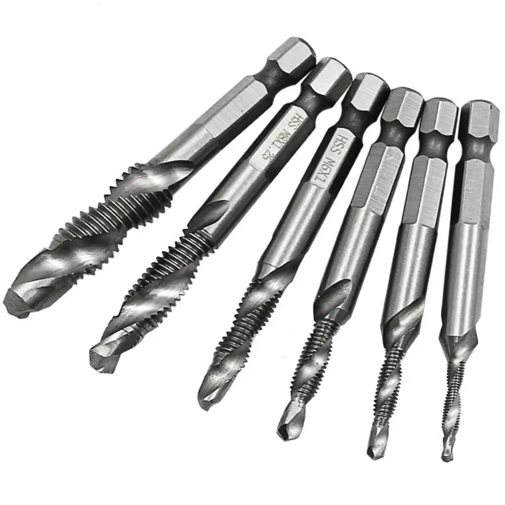 

1/4'' Hex HSS High Speed Steel Thread Spiral Screw M3 M4 M5 M6 M8 M10 Metric Composite Tap Drill Bit Tap 6pcs/set