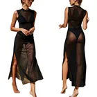 Летние женские прозрачные платья Bikini Cover Up пикантные черные точки зрения плавательный костюм без рукавов с капюшоном укороченное Разделение длинное пляжное платье
