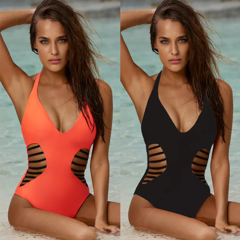 

Sexy One Piece Bikini Women V-neck Push Up Swimsuit Halter Hollow Swimwear 2021 New Female Brazilian Monokini High Cut Beachwear