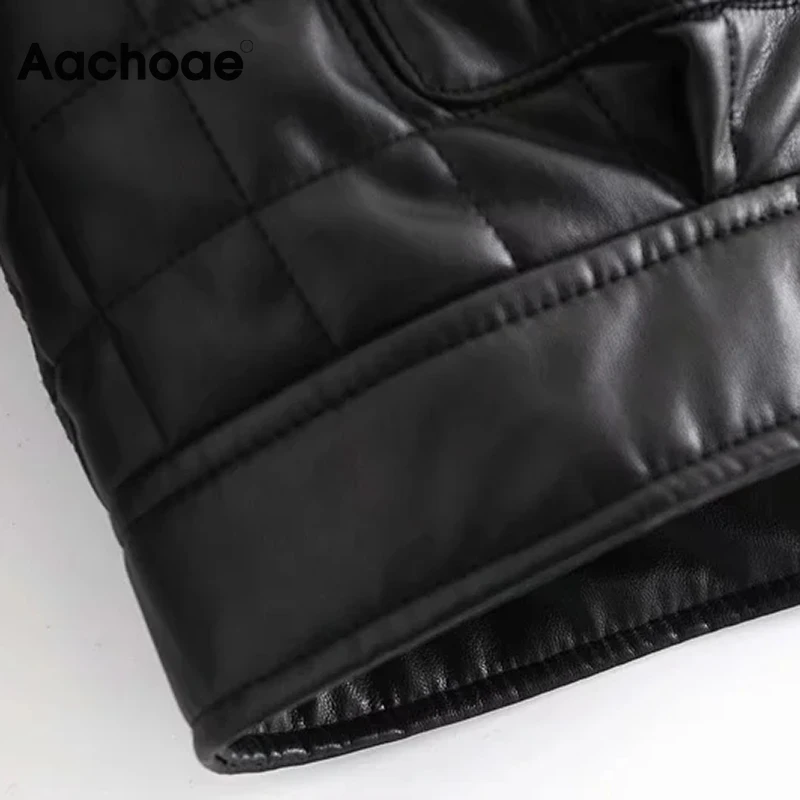 

Aachoae Black PU Faux Leather Jacket Women Loose Long Sleeve Pockets Coat Female O-neck Casual Outerwear With Betal Buttons