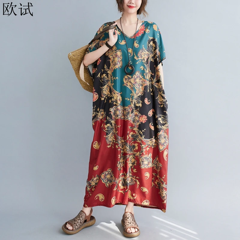 

Женское платье большого размера с цветочным принтом, Длинное свободное повседневное летнее пляжное платье большого размера, новое модное п...