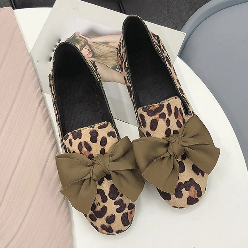 

HotSale Leopard Loafers Women's SoftFlock Bowknot Decorated Flat Shoes Female Elegent Slip-On SpringAutumn Casual Shoes
