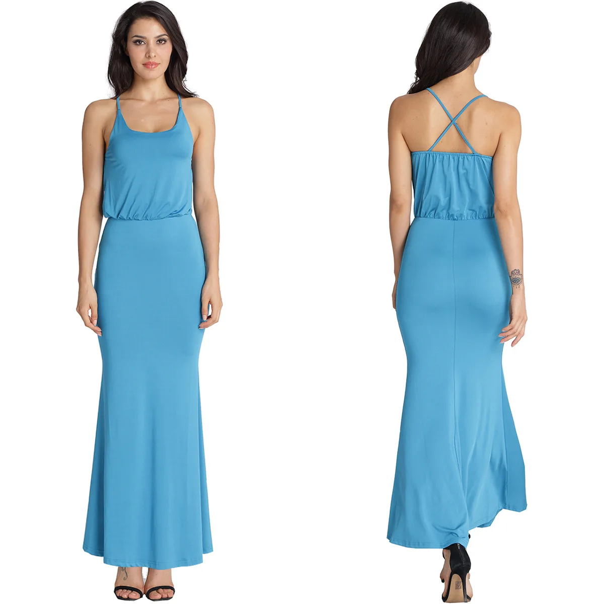 Сексуальное однотонное расклешенное длинное платье без рукавов с открытой