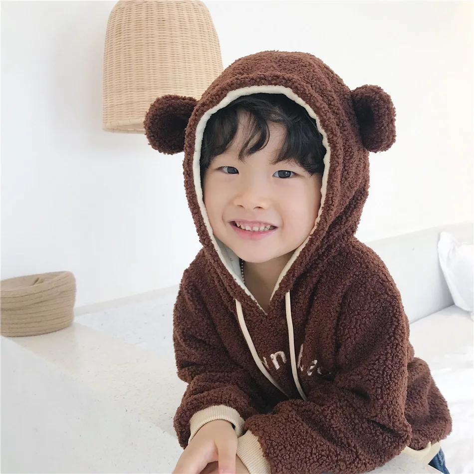 Tonytaobaby/Новинка; зимняя детская одежда для мальчиков и девочек; флисовая толстовка с капюшоном с изображением медведя и кролика