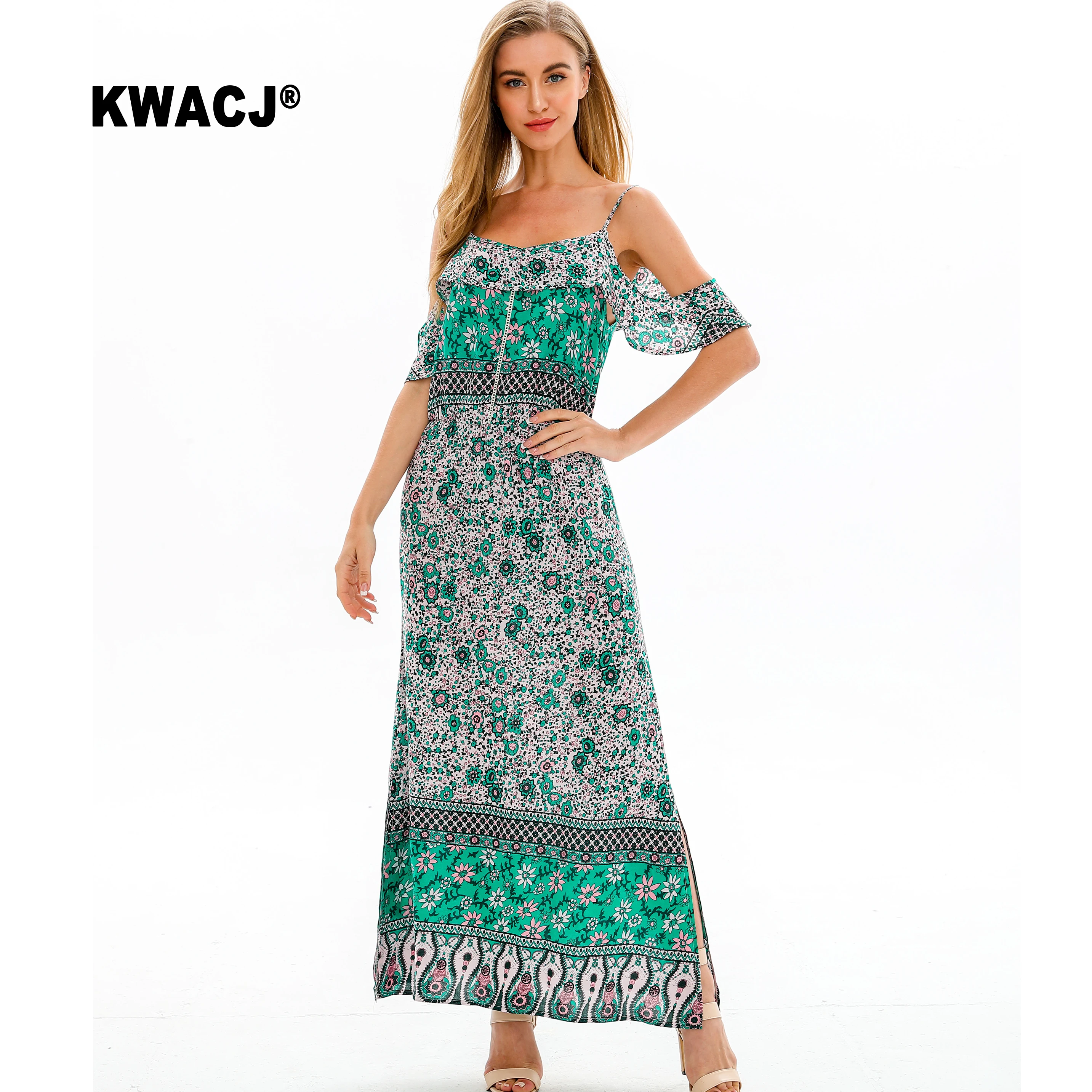 KWACJ зеленое Цветочное платье с открытыми плечами Boho ЖЕНСКИЕ НАРЯДНЫЕ ремни