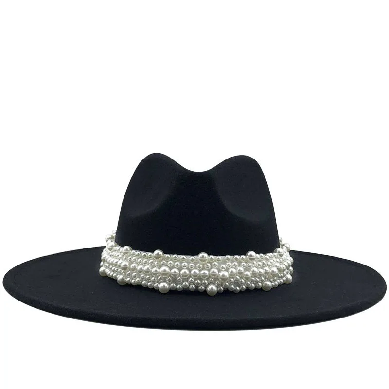 

Girl Wool Felt Fedora Hat Hawkins Cap Wide Brim Ladies Trilby Chapeu Feminino Hat Women pearl Jazz Church Godfather Sombrero Cap