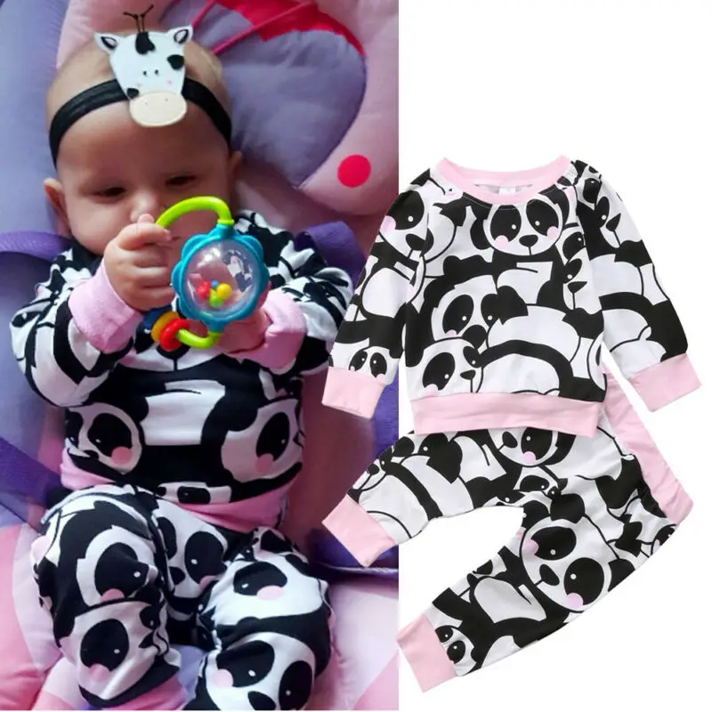 Комплект одежды для маленьких девочек с принтом панды Осенние Теплые Топы