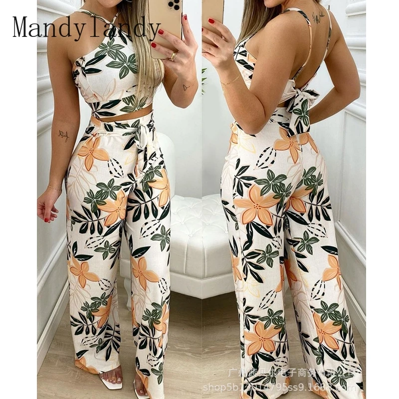 

Летние женские комплекты Mandylandy, топы без рукавов, штаны с высокой талией, комплекты из 2 предметов, укороченные топы, наборы, повседневные ши...