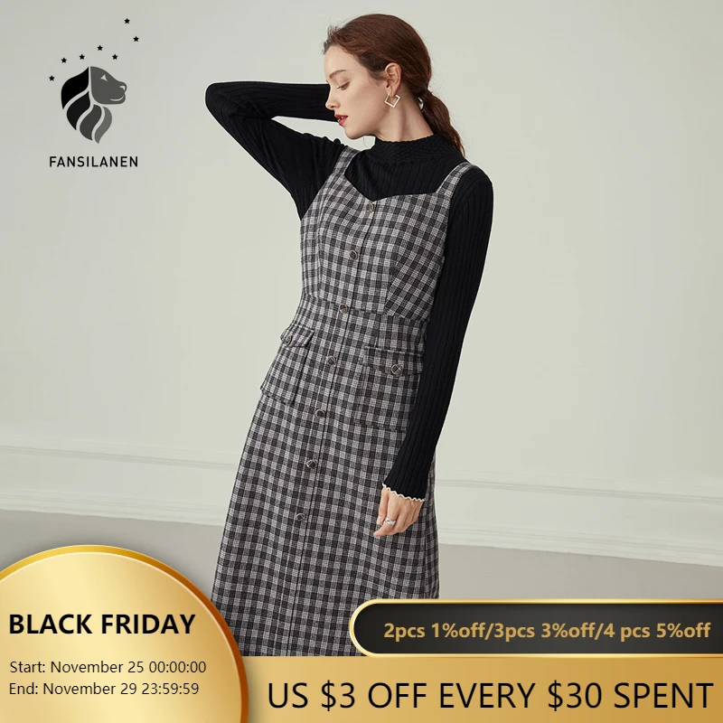 

FANSILANEN Sleeveless Vintage Plaid Long Dress Women Elegant Slim Office Black Dress Autumn Winter Casaul French Female Dress