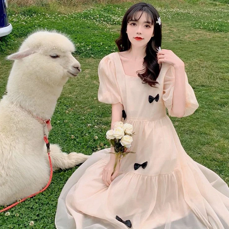 

Puff sleeve skirt mid-length waist waist summer temperament small skirt women's dress dress 2021 new Casual A-LINE