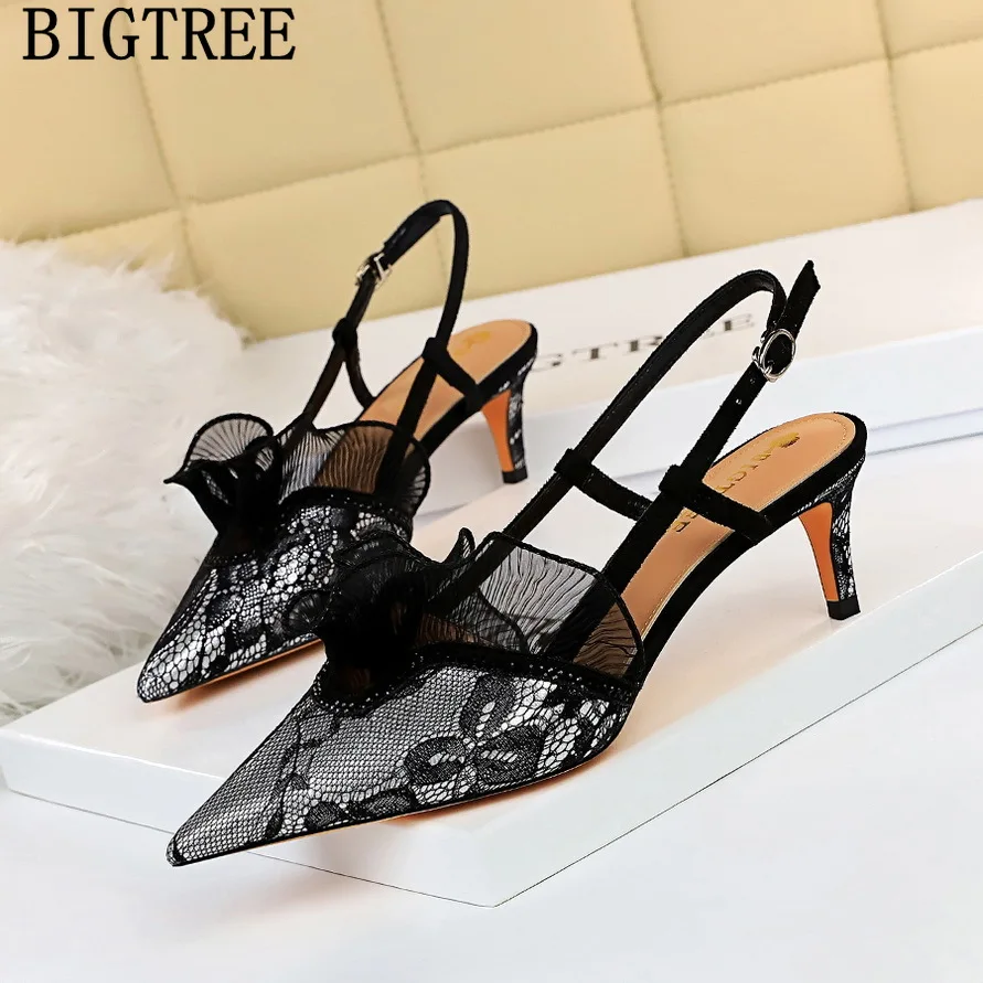 Туфли Bigtree женские на высоком каблуке с оборками черные 2022 | Обувь