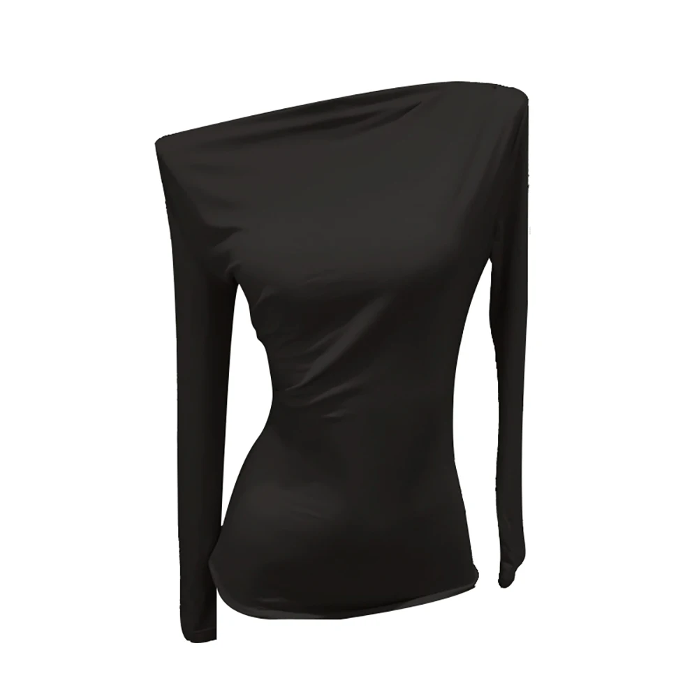 

Women Elegant Long Sleeve Off-the-shoulder Pleated Solid Color T-shirt