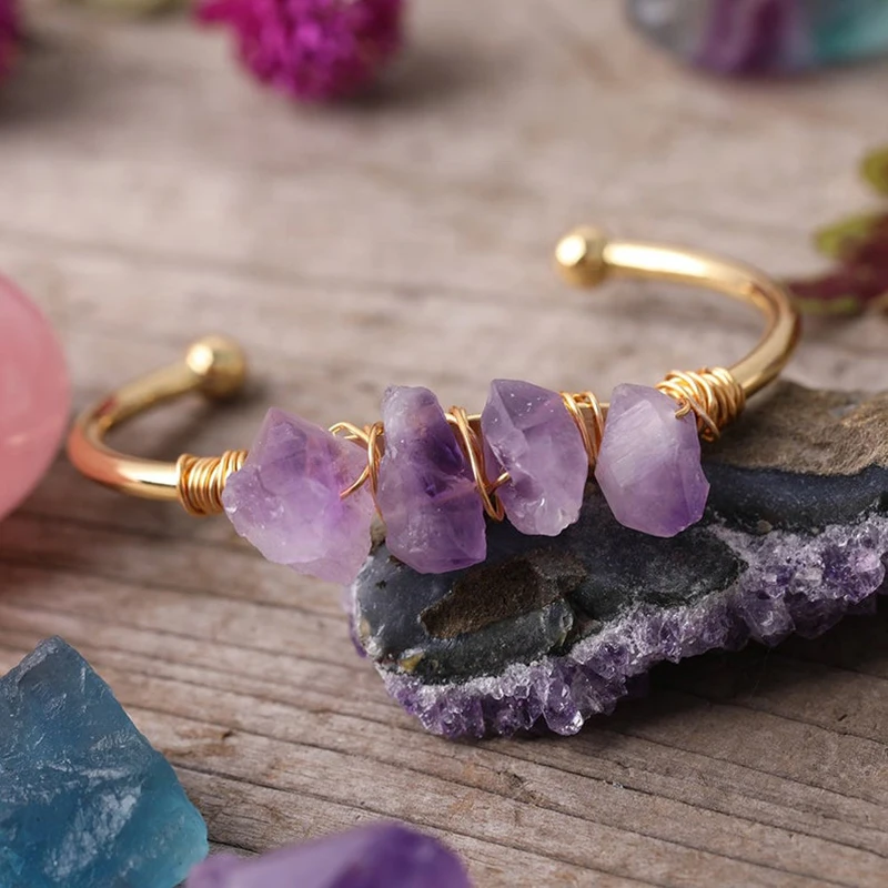 

Wire-wrapped Healing Crystal Bracelet Raw Natural Stone Open Cuff for Women Rough Amethyst Bangle Boho Birthstone Quartz JK49FI