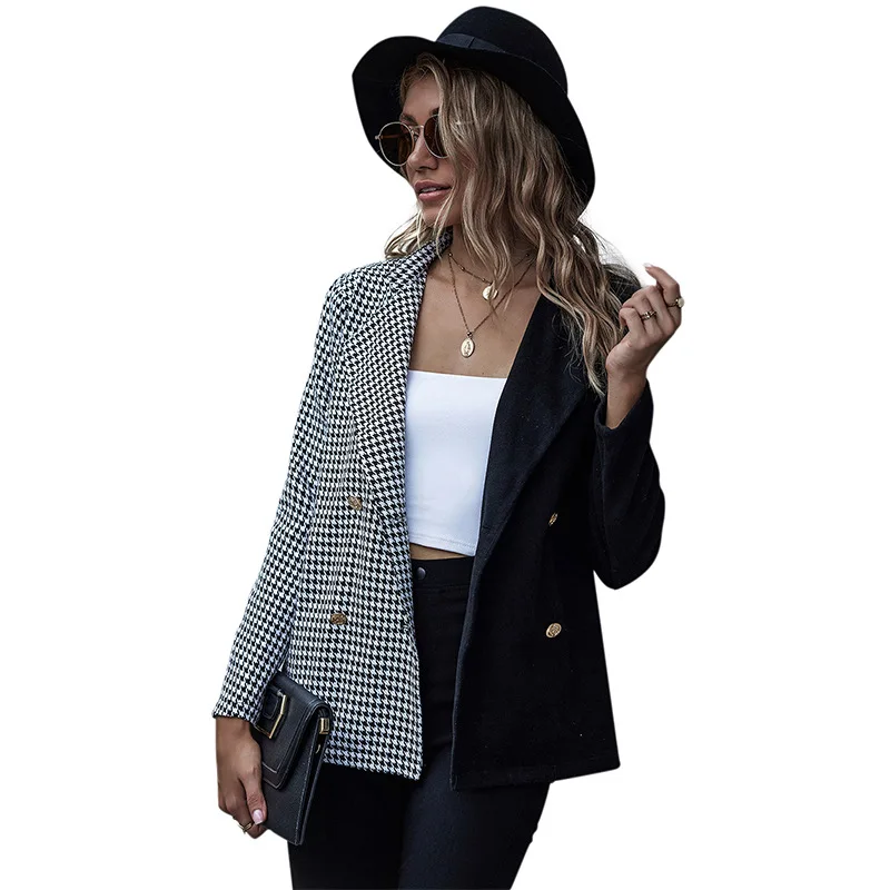 

European and American Dual-Color Patchwork Houndstooth Suit Casual Jacket Women's Fall and Winter Lapels Suit
