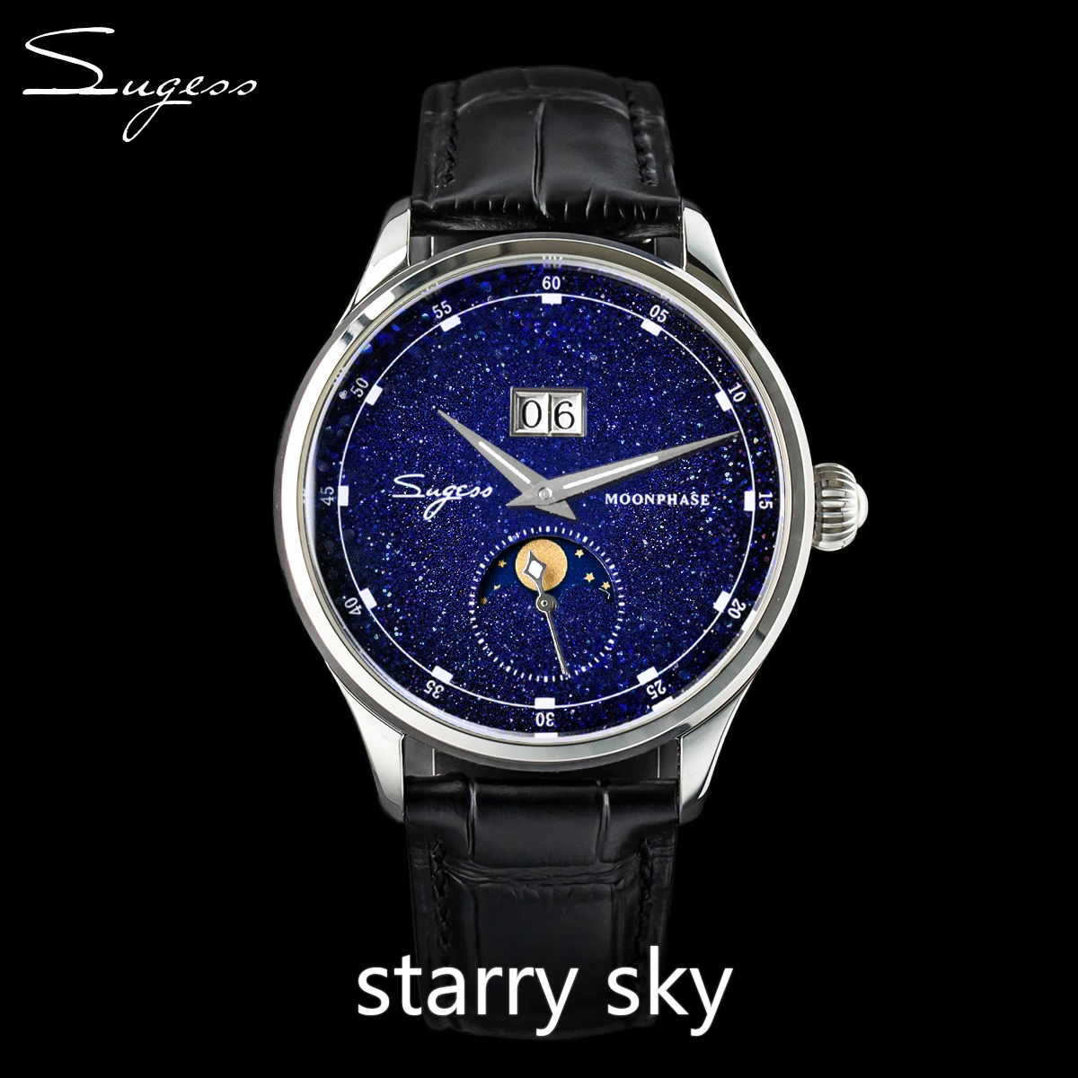 

Sugess Moonphase Luxury Wristwatches 316L StainlessSteel Case Seagull ST2528 Movement Gemstone Stars Dial Men's Wrist Watch Gift