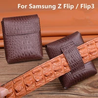 handmade genuine leather belt waist bag pouch cover for samsung galaxy z flip4 flip 3 crocodile oil wax grain magnetic flip case