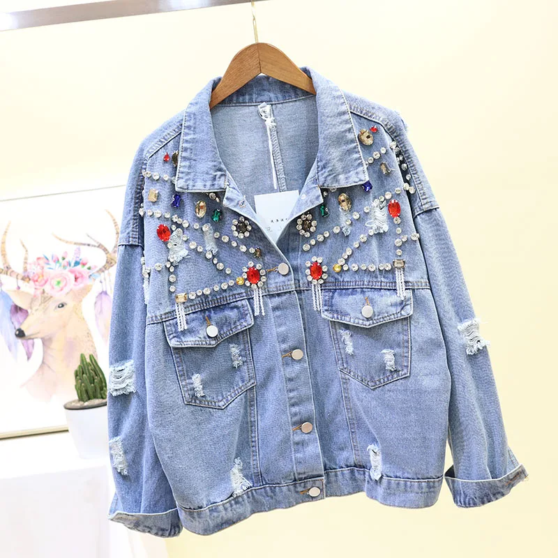 

2019 new heavy work beaded diamond tassel loose denim jacket female long sleeve jacket