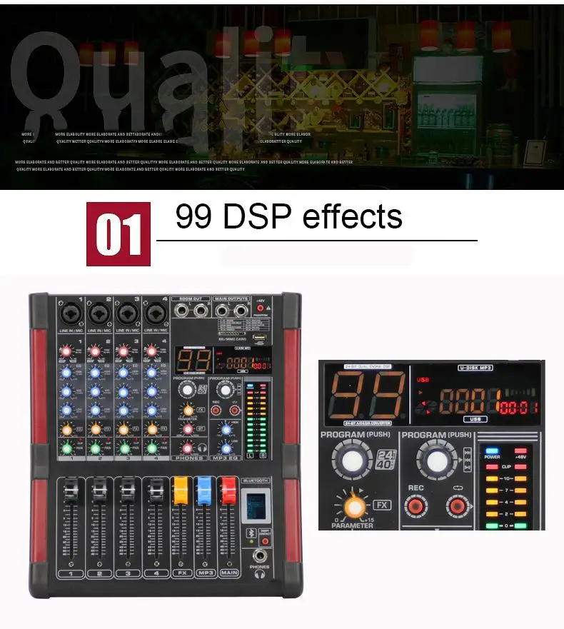 LEORY 4-канальный DJ Караоке микшер bluetooth 99 DSP живой смешивания USB консоль USB, Профессиональный усилитель мощности