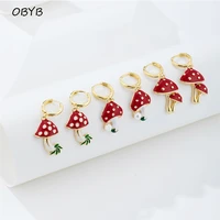 obyb unique earring for women sweet cartoon red enamel mushroom hoop dangle earrings 2021 designer trendy jewelry accessories