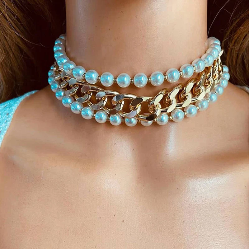 

Punk layered metal chain gold necklace large pendant, women's heart-shaped imitation pearl metal jewelry wholesale
