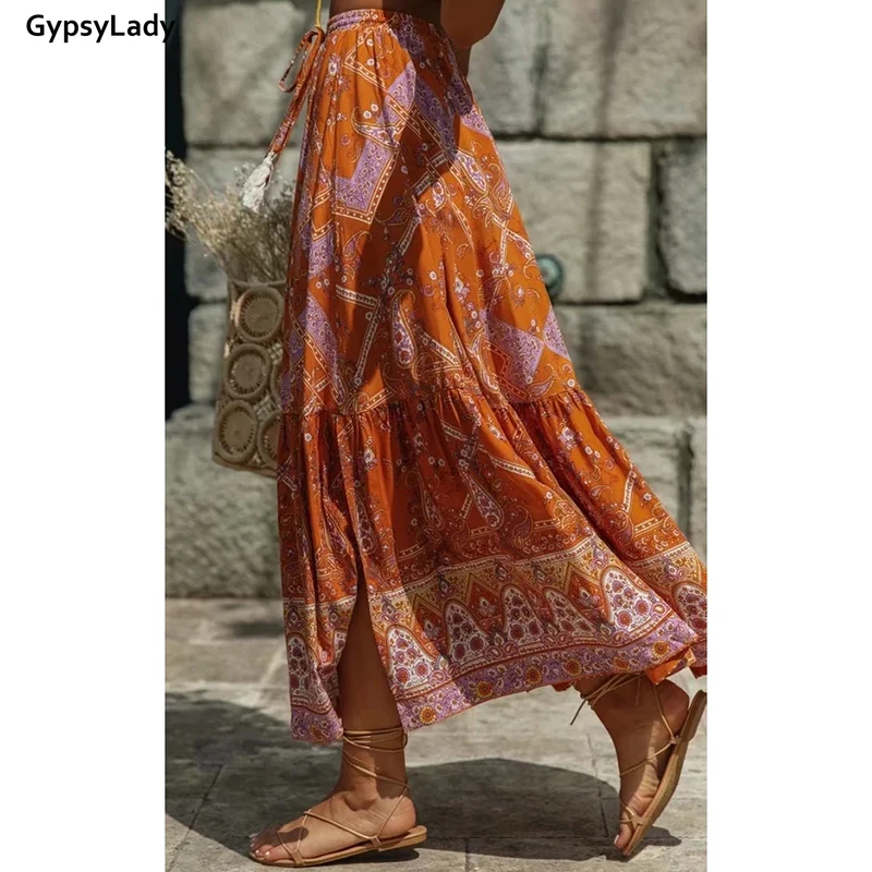 Женская винтажная юбка макси GypsyLady Пляжная плиссированная с цветочным принтом и