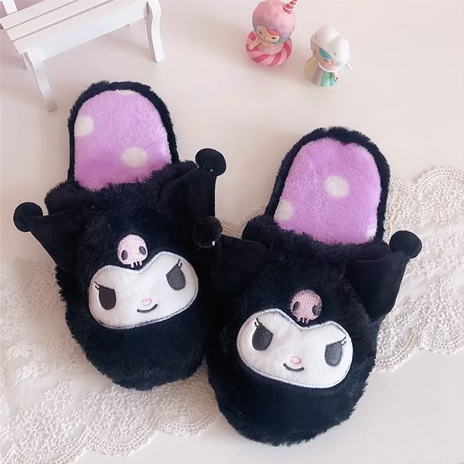Zapatillas de felpa con dibujos animados para mujer, zapatos planos de felpa con dibujos animados Kuromied cinnamoroled, c&oacute;modos y c&aacute;lidos, informales, para el hogar-2