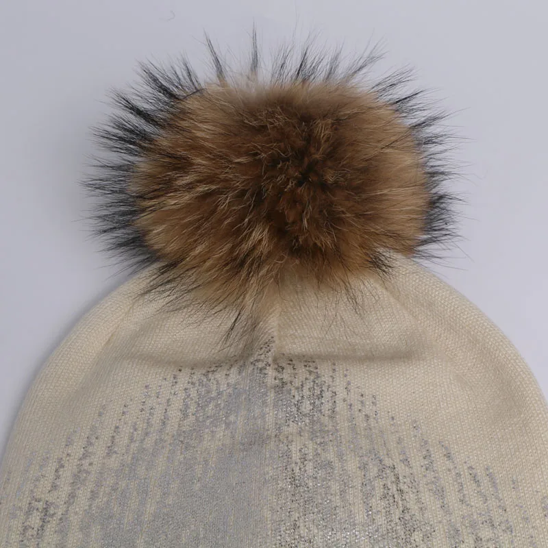 Женская шапка с помпоном из натурального меха енота и лисы двухслойные шерстяные