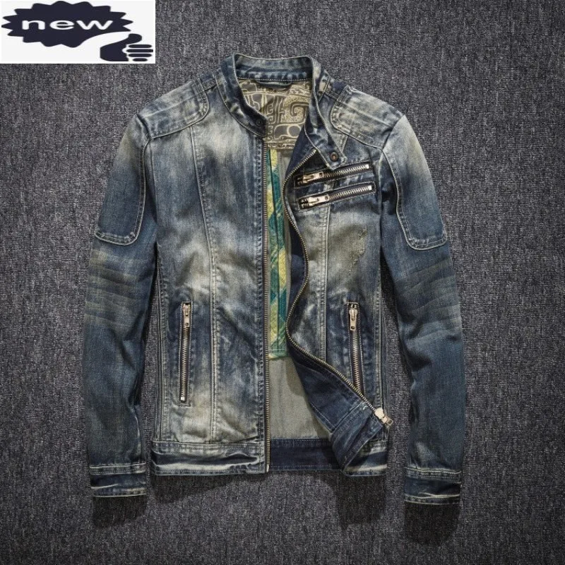

Mens Denim Coat Street Stand Collar Zipper Biker Style Cowboy Long Sleeve Classic Vintage Hip Hop Jean Jacket Outwear
